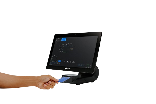 An arm putting a card into a POS system