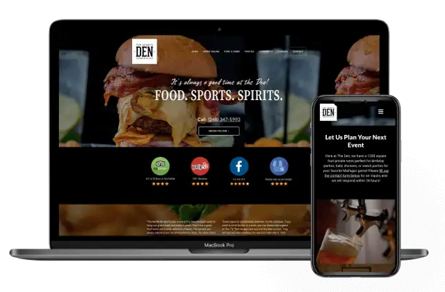 A restaurant website on a laptop and cellphone