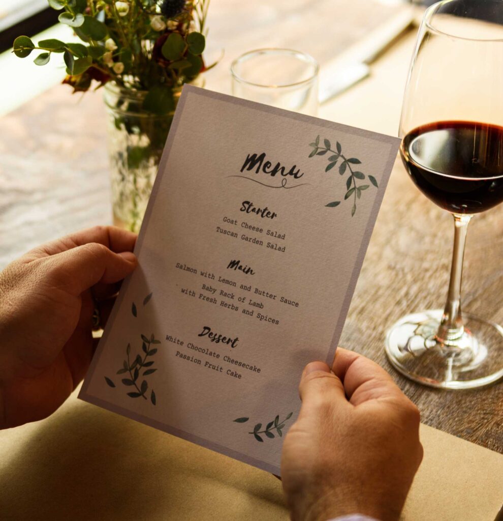 A menu in a fancy restaurant