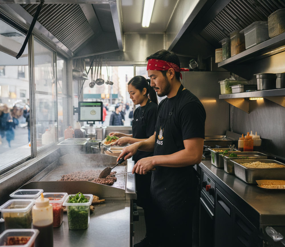 Two employees cooking on a grill in a food truck