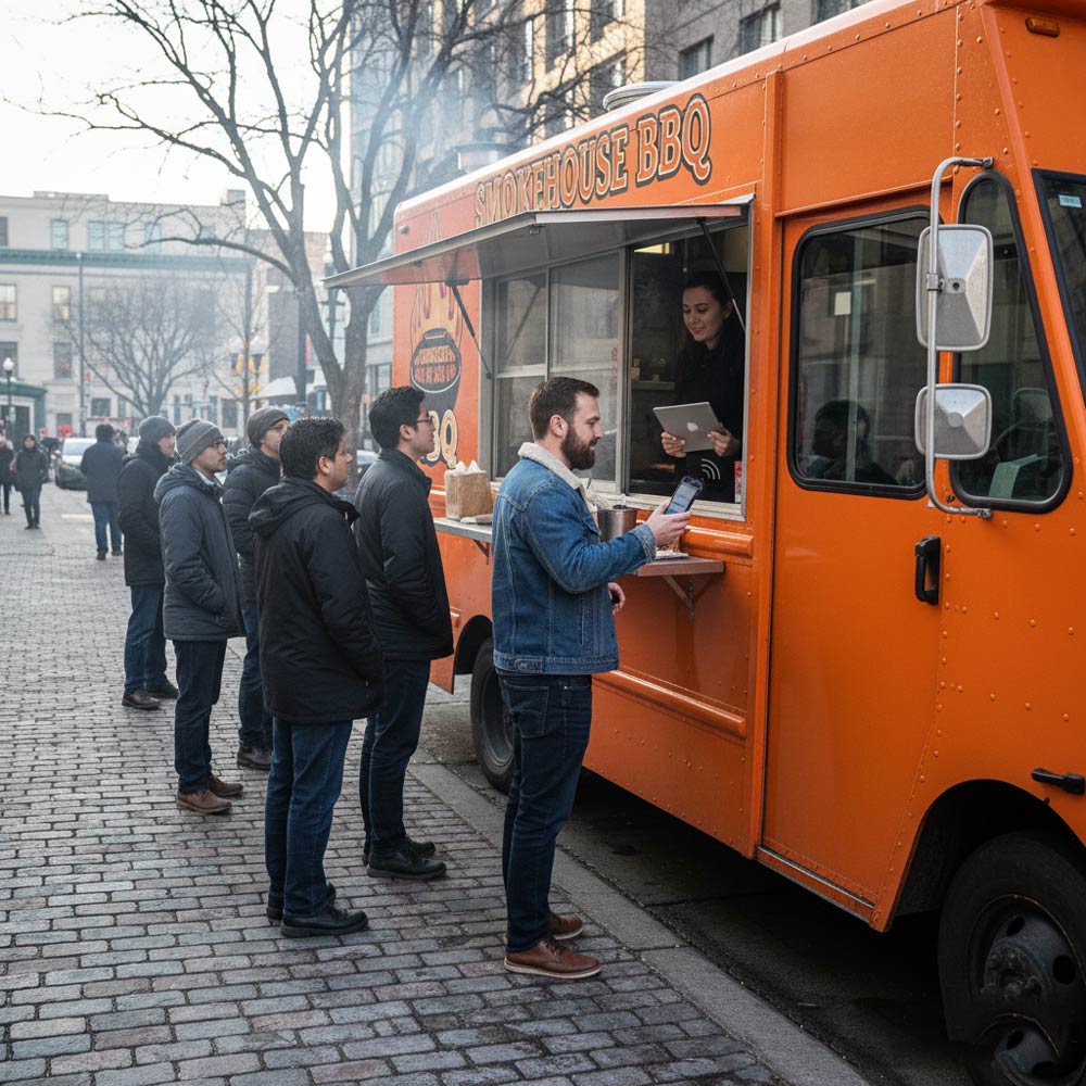 A line of customers outside an orange food truck