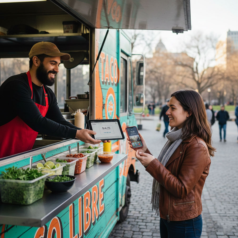 An employee in a blue food truck holding out a tablet for the paying customer